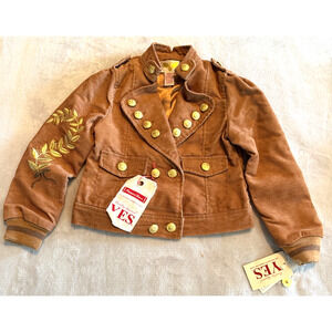 New YES Girls Gold Button Brown Corduroy Jacket Military Embroidered Size S 4/5